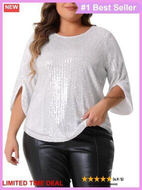 Plus Size Glitter Sequin 3/4 Sleeve Party Blouse
